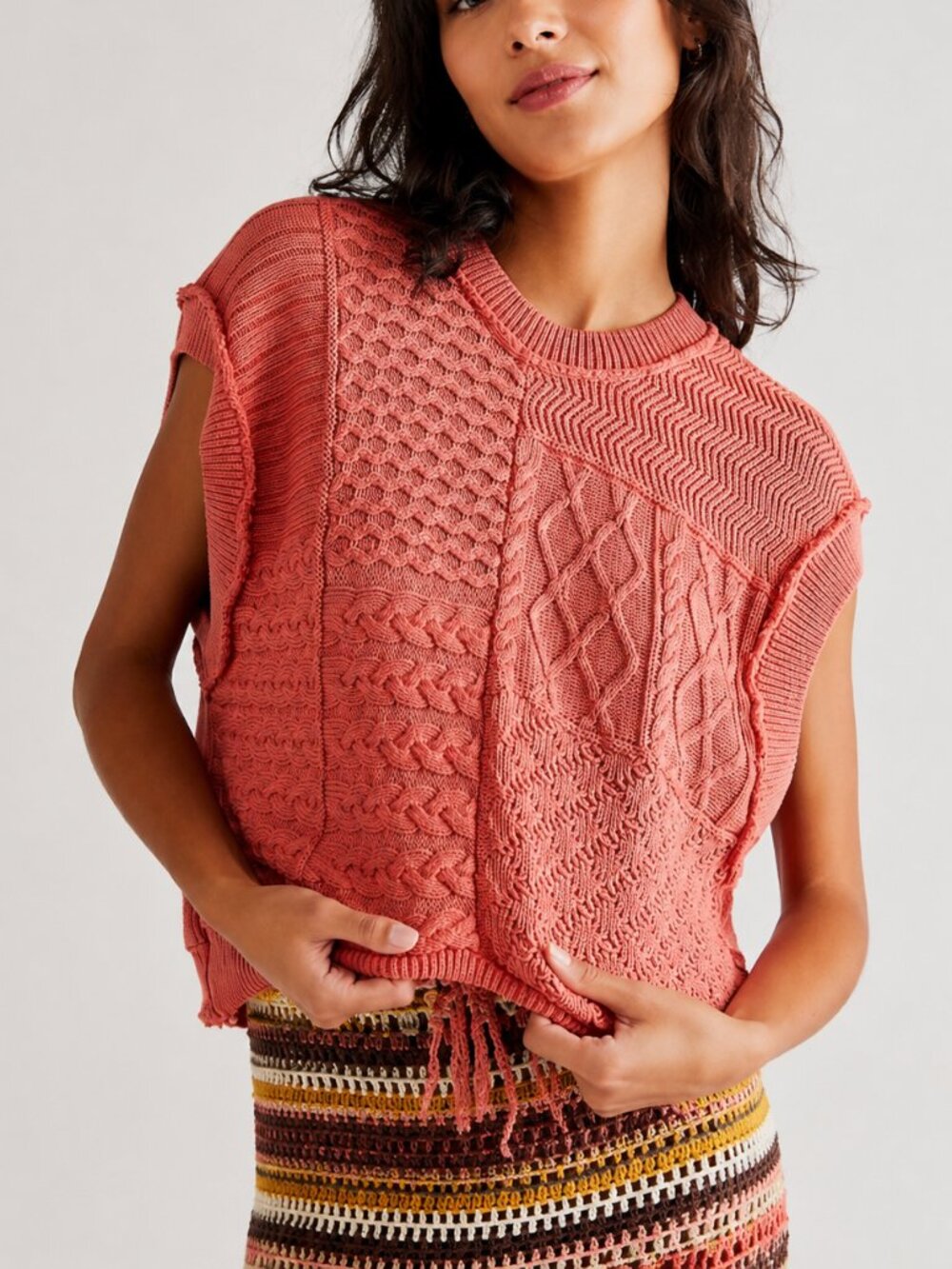 Free People Take The Plunge Sweater Vest Cable Knit Coral Pink Size S